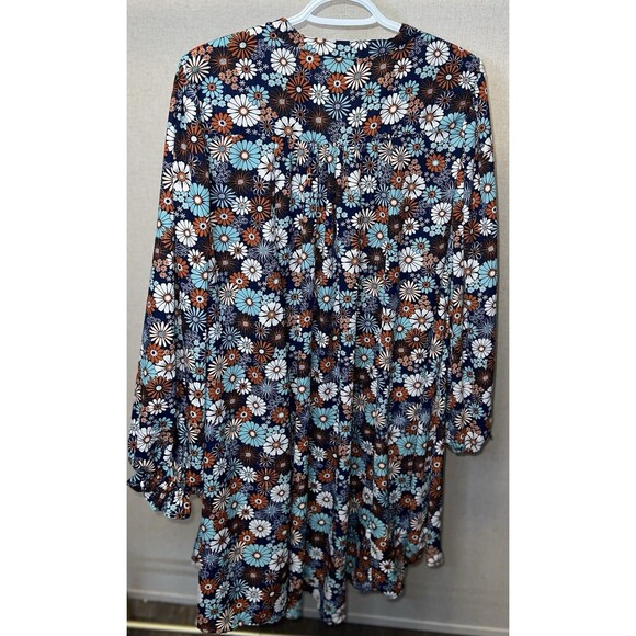 FLORAL WITH METALLIC THREAD SPLIT NECK LONG SLEEVE BOHO DRESS SIZE L - Picture 4 of 4